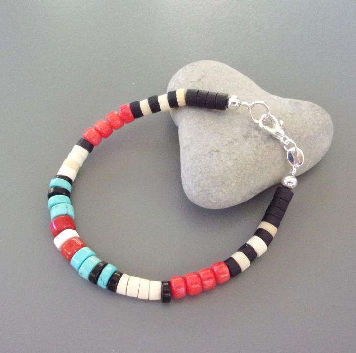 Indiaanse armband met turquoise ringen en koraal Surfer, Handtassen en Accessoires, Armbanden, Nieuw, Zilver, Oranje, Met bedels of kralen