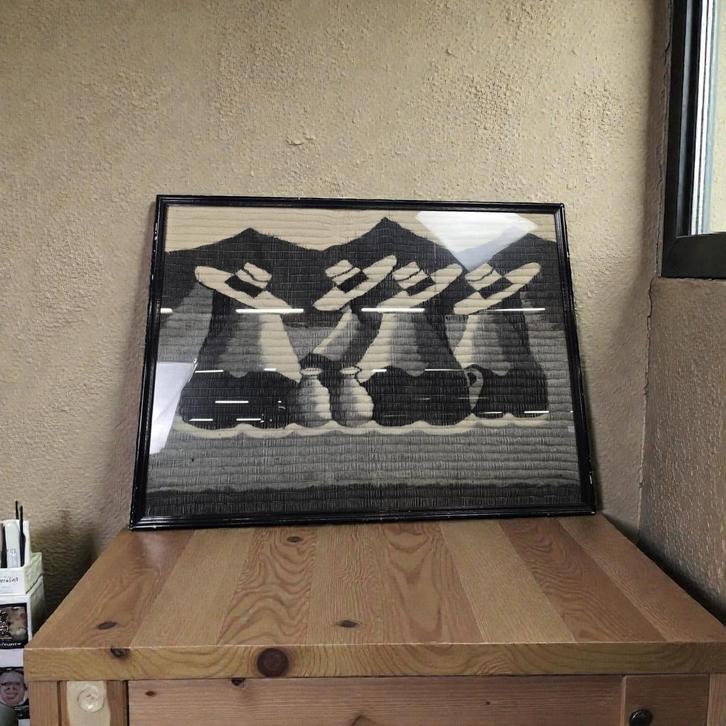 Vintage wollen wanddecoratie in kader, Antiek en Kunst, Kunst | Schilderijen | Modern, Ophalen of Verzenden