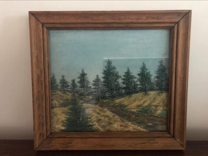 Houten lijst kader met sparren dennebomen ( wasco tekening ?, Antiek en Kunst, Curiosa en Brocante, Ophalen of Verzenden
