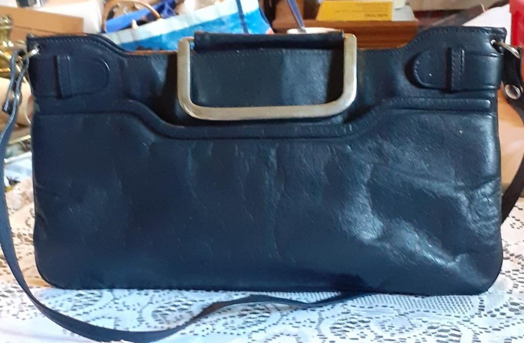 Sac bandoulière vintage cuir  bleu marine, Enlèvement ou Envoi, Utilisé, Bleu, Cuir