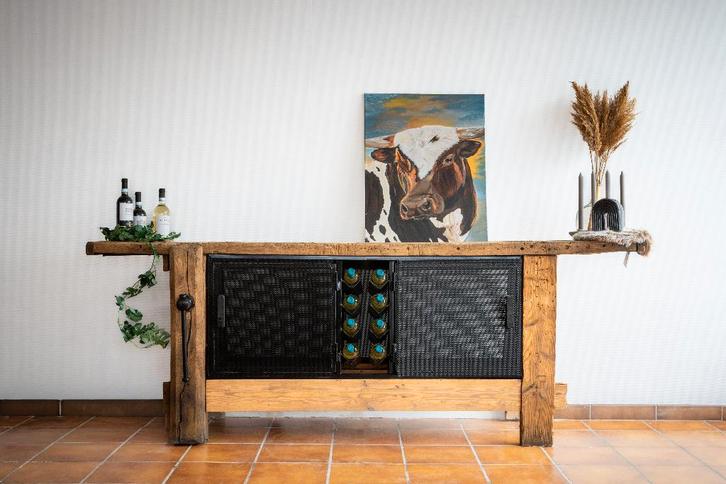 wijnrek-werkbank-barmeubel-wandkast-gezandstraalde meubelen, Huis en Inrichting, Woonaccessoires | Wijnrekken, Ophalen