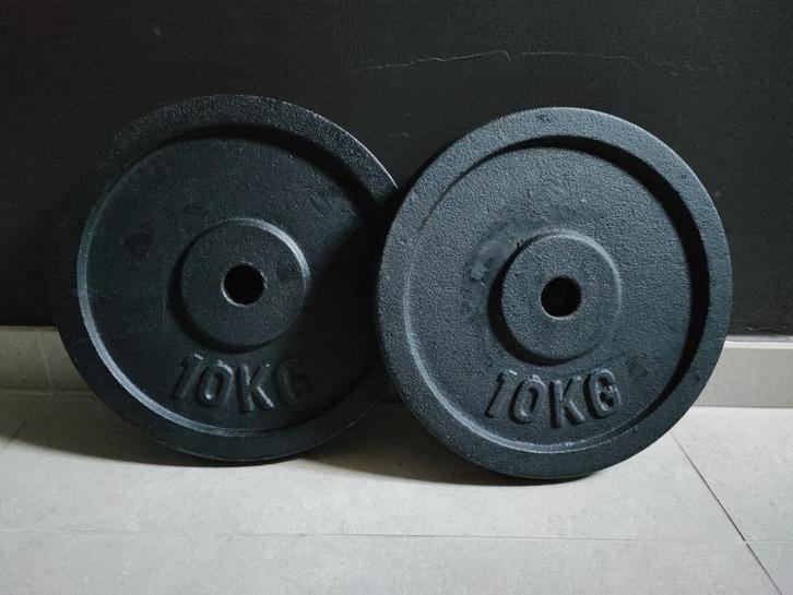 2 x 10kg Halterschijven (30mm)., Sport en Fitness, Fitnessmaterialen, Zo goed als nieuw, Halterschijven, Armen, Benen, Borst, Buik