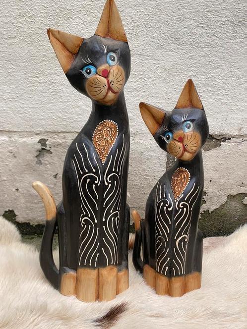 Vintage beelden katten hout handgekerft, Antiek en Kunst, Kunst | Beelden en Houtsnijwerken, Ophalen of Verzenden