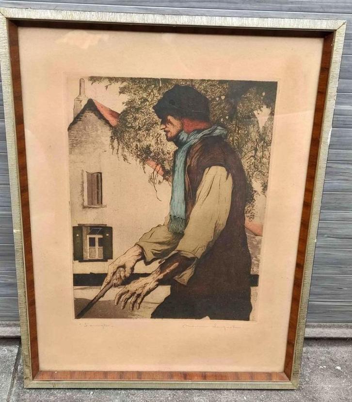 Eau forte l aveugle signe Maurice langaskens, Antiek en Kunst, Kunst | Etsen en Gravures, Ophalen of Verzenden
