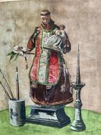 Schilderij / aquarel Stilleven met beeld heilige Antonius, Antiek en Kunst, Ophalen