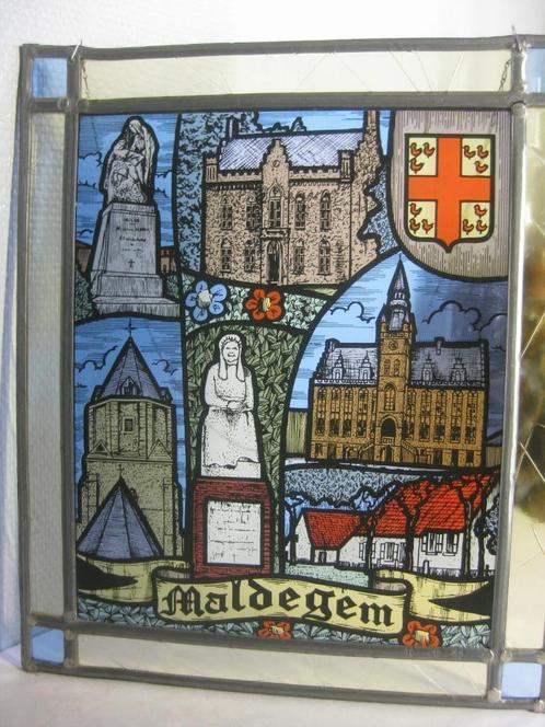 Vintage - Glasraam van de gemeente " Maldegem "., Antiek en Kunst, Antiek | Glaswerk en Kristal, Ophalen of Verzenden