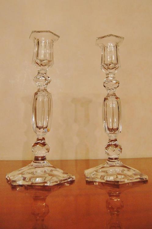 VAL St LAMBERT 2 kandelaars in wit geslepen kristal, Antiek en Kunst, Antiek | Glaswerk en Kristal, Ophalen of Verzenden