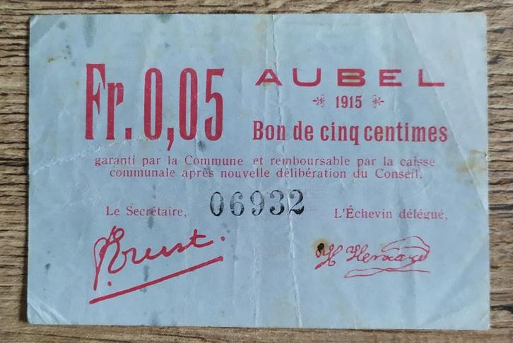 5 centimes Aubel 1915 - Noodgeld, Verzamelen, Militaria | Algemeen, Overige soorten, Kunstobject, Ophalen of Verzenden