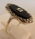 Zeldzame antieke 14K Art Deco ring met Onyx en Diamant, Verzenden, Goud, Ring, Met edelsteen