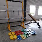 Powertec squat rack+ bankje +Olympische Gewichten+ barbells, Sport en Fitness, Ophalen, Zo goed als nieuw