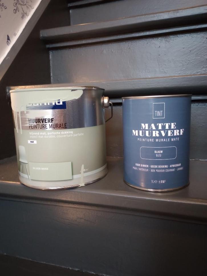 Muurverf 2 potten, Doe-het-zelf en Bouw, Verf, Beits en Lak, Zo goed als nieuw, Verf, Minder dan 5 liter, Blauw, Ophalen