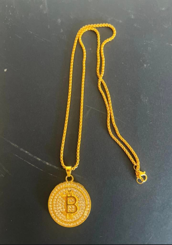 Gouden Bitcoin ketting, Handtassen en Accessoires, Kettingen, Met hanger, Nieuw, Ophalen of Verzenden, Steen of Mineraal