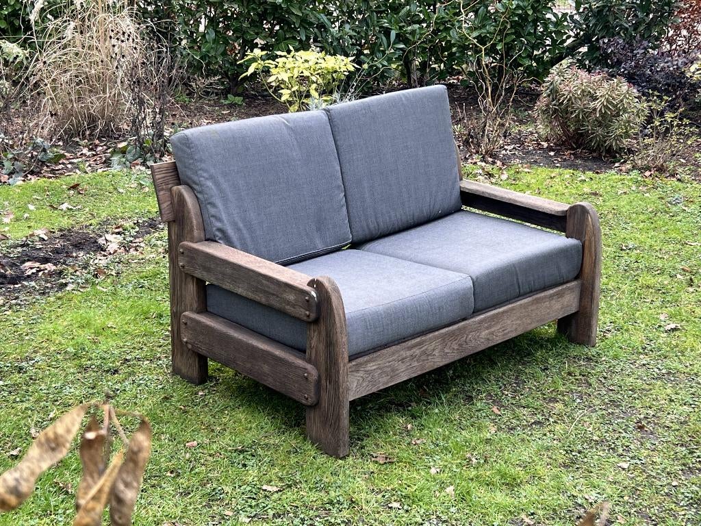 Robuuste massief houten tuinbank met grijze/taupe kussens, Jardin & Terrasse, Bancs de jardin, Comme neuf, Bois, Enlèvement