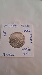 Vaticaan 5 lire 1939 AG  UNC ZELDZAAM  !!, Ophalen of Verzenden