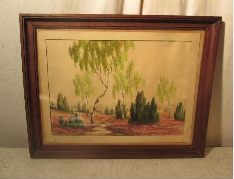 Mooi Oud Aquarel 'Bomen en Heide' - gesigneerd, Antiek en Kunst, Kunst | Schilderijen | Klassiek, Ophalen of Verzenden