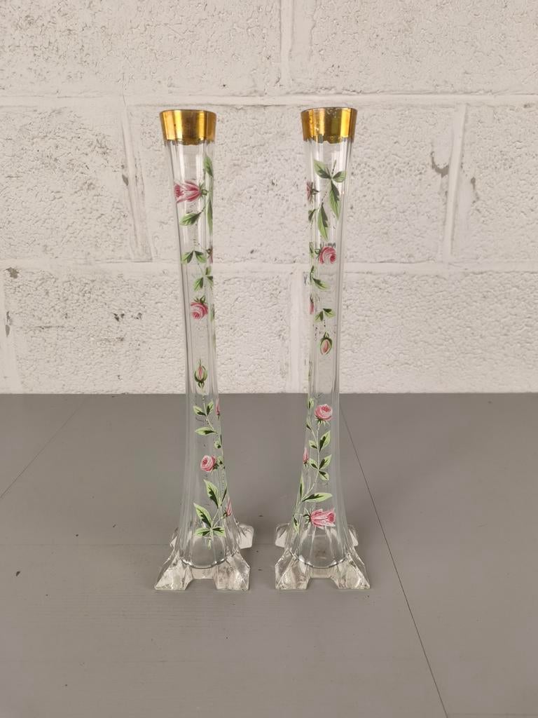 Koppel geëmailleerde soliflore vazen, Antiek en Kunst, Ophalen of Verzenden