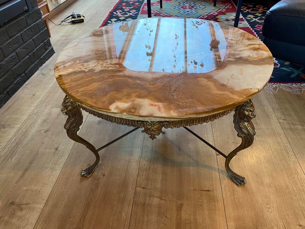 Prachtige salontafel messing en onyx, Ophalen, Hollywood regency, Rond, 50 tot 100 cm