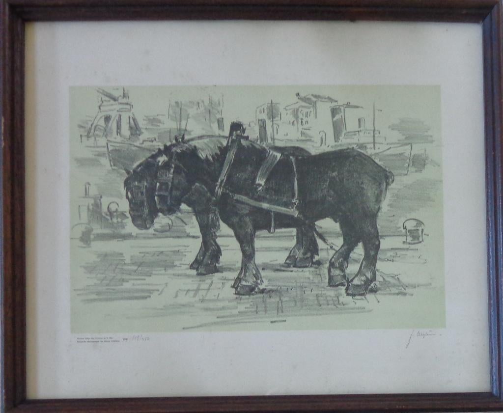 JULIEN CREYTENS / WERKPAARDEN / ZW-W LITHO / 50x60cm / KADER, Ophalen of Verzenden