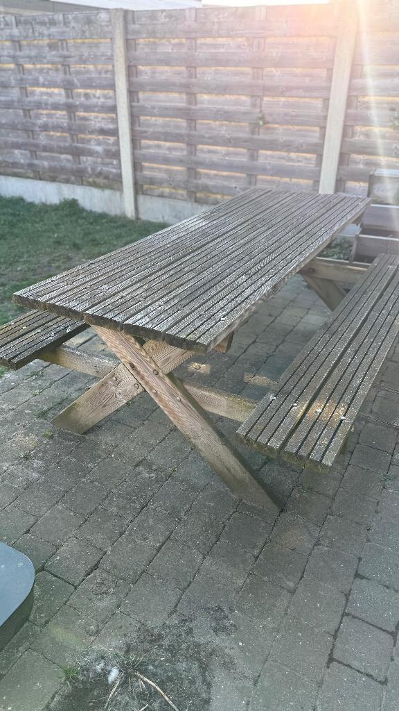 Gezellige houten picknicktafel te koop, Tuin en Terras, Picknicktafels, Gebruikt, Rechthoekig, Hout, Ophalen