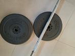 Halterstang + Halterschijven, Sport en Fitness, Fitnessmaterialen, Ophalen, Zo goed als nieuw, Halterschijven