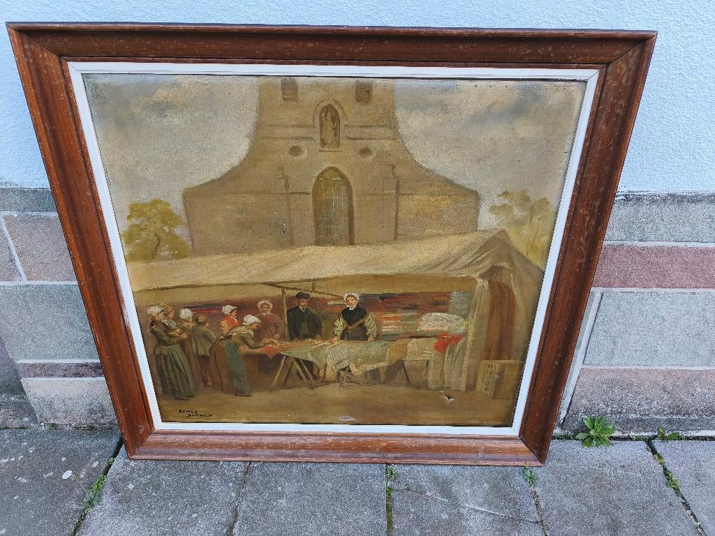Huile sur toile marchant de tissu signe romeo dumoulin, Antiquités & Art, Enlèvement