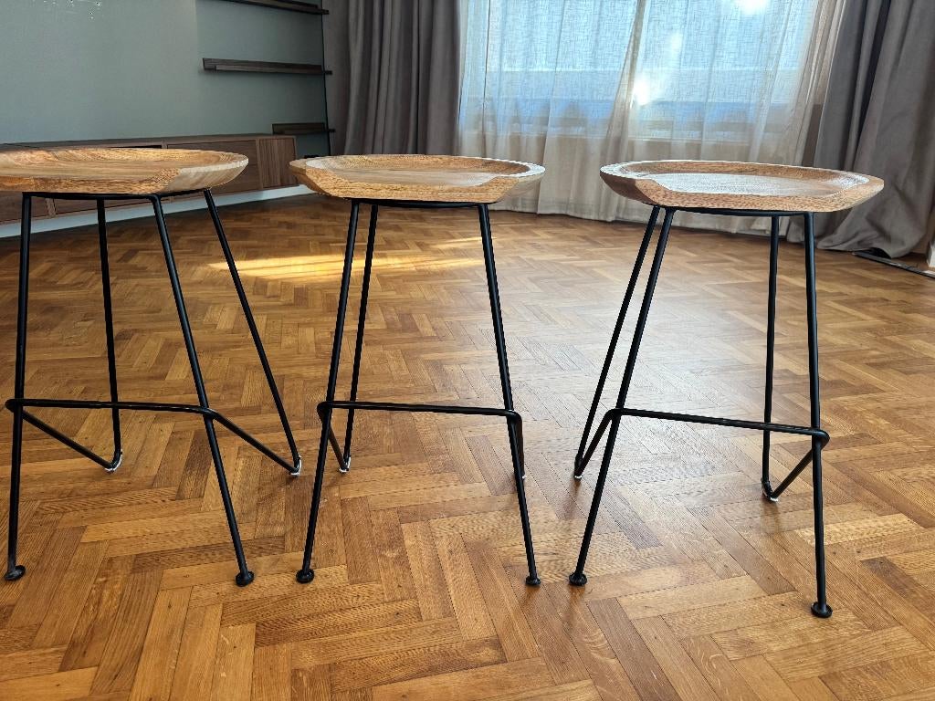3 hoge krukken in staal en hout - Barak7 - zeer goede staat, Huis en Inrichting, Barkrukken, Zo goed als nieuw, 60 tot 90 cm, Hout