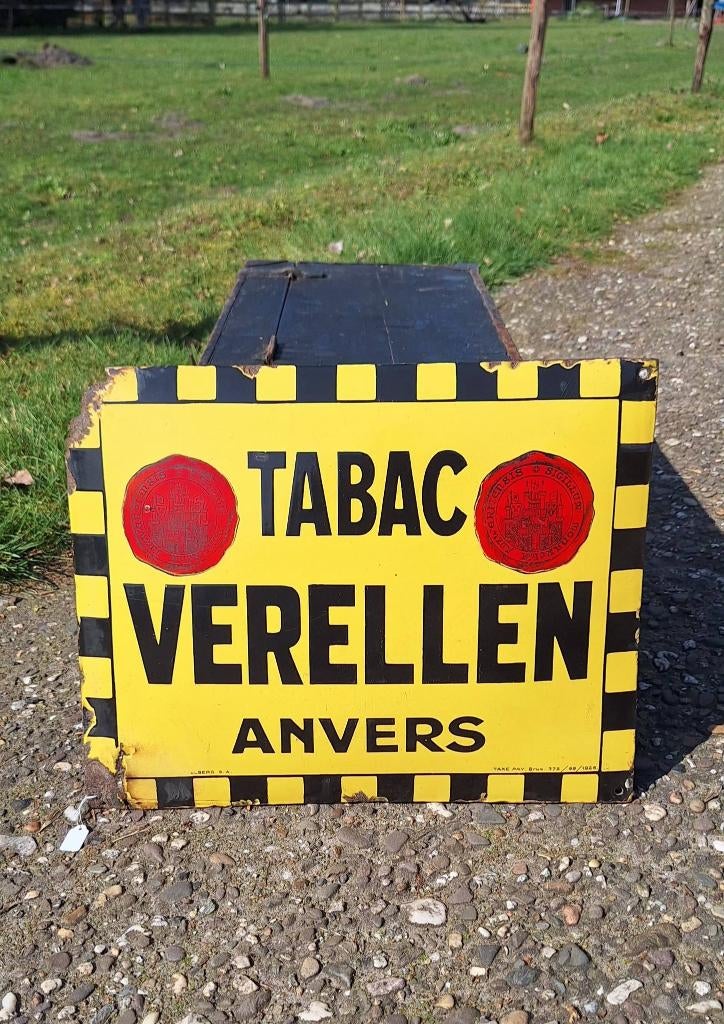 Antiek emaille bord Antwerpse tabaksfabrikant Verellen., Verzamelen, Merken en Reclamevoorwerpen, Gebruikt, Reclamebord, Ophalen of Verzenden