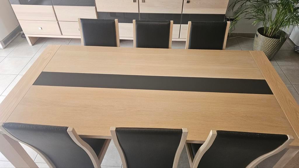 Houten Eettafel (+ 6 stoelen + Salontafel), Huis en Inrichting, Tafels | Eettafels, Ophalen, Eikenhout, 50 tot 100 cm, Zo goed als nieuw