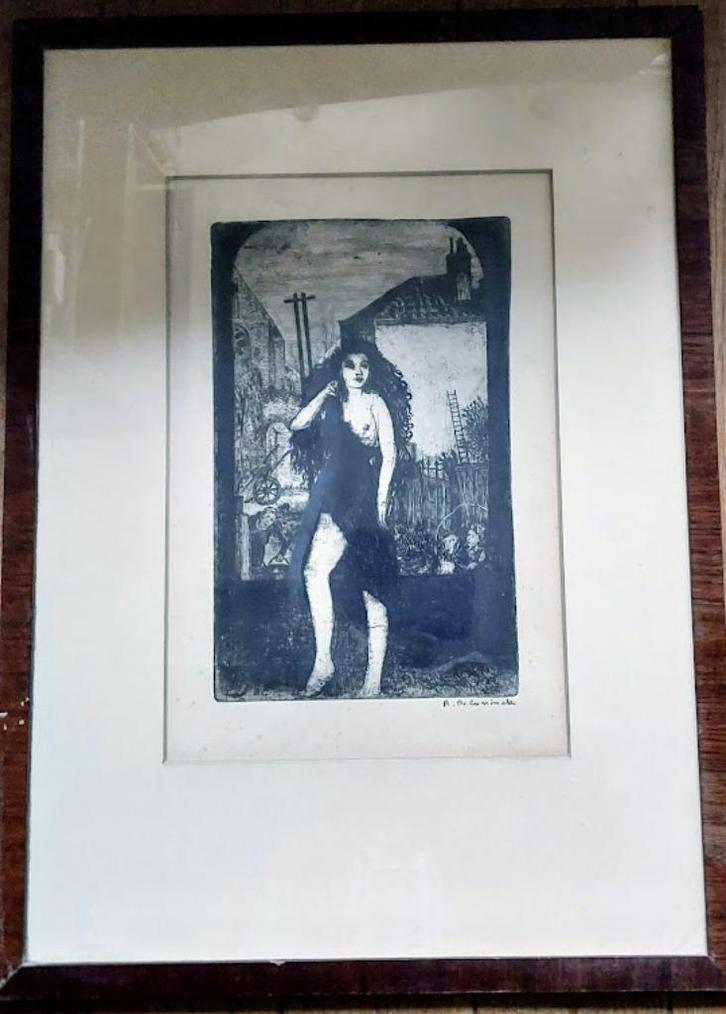 René De Coninck - ets - "naakt" - getekend/kader, Antiek en Kunst, Kunst | Etsen en Gravures, Ophalen of Verzenden