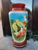 Vase à fleurs vintage en opaline, pied, oiseaux, verre à lai, Enlèvement ou Envoi