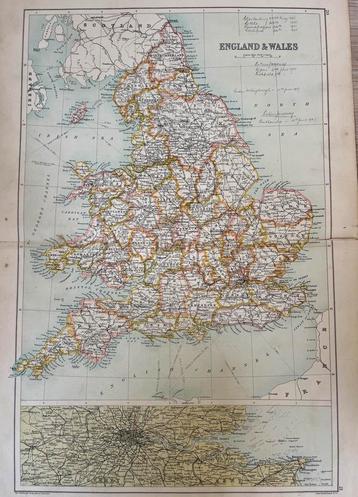 Carte ancienne de l’Angleterre et du Pays de Galles 1890, Enlèvement ou Envoi, Comme neuf, Royaume-Uni, Carte géographique