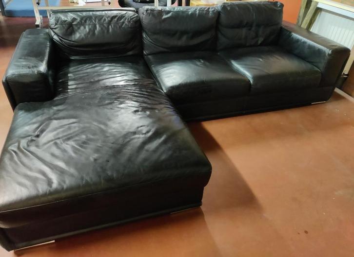 Zwarte zetel, leer, Huis en Inrichting, Zetels | Zetels, Gebruikt, Hoekbank, Driepersoons, 250 tot 300 cm, 150 cm of meer, Leer