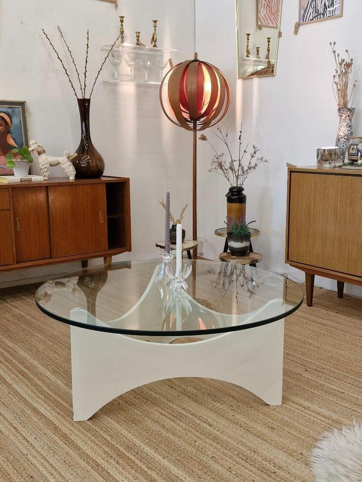 Vintage space age salontafel wit /glas 70s, Verzamelen, Retro, Huis en Inrichting, Ophalen