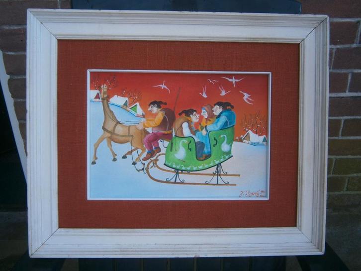 Juraj Bires: Reizigers op een winteravond, naïeve kunst, Antiek en Kunst, Kunst | Schilderijen | Modern, Ophalen of Verzenden