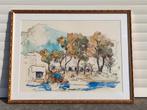 aquarelle place de village signe laout, Antiquités & Art, Art | Peinture | Classique, Enlèvement ou Envoi