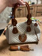 Stijlvolle wit gestikte handtas met bruine, Handtassen en Accessoires, Tassen | Damestassen, Ophalen, Zo goed als nieuw, Wit, Handtas