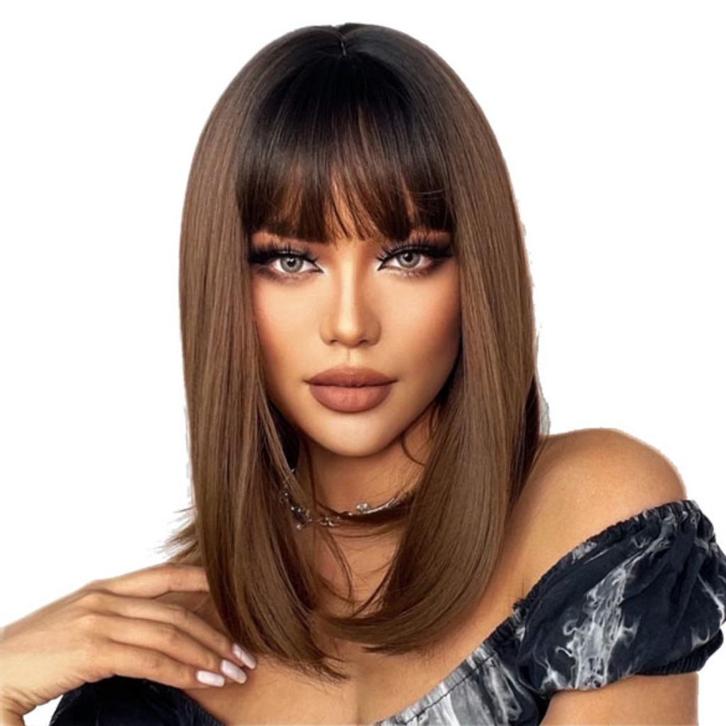 Pruik bob steil model in bruinmix model Faya, Handtassen en Accessoires, Uiterlijk | Haarverzorging, Nieuw, Verzenden