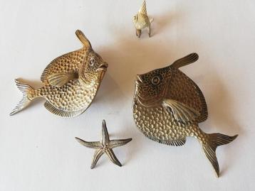 3 poissons et étoiles de mer vintage en cuivre 