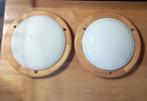 2 Vintage plafondlampen/plafonnières glas met houten rand, Ophalen, Gebruikt, Glas
