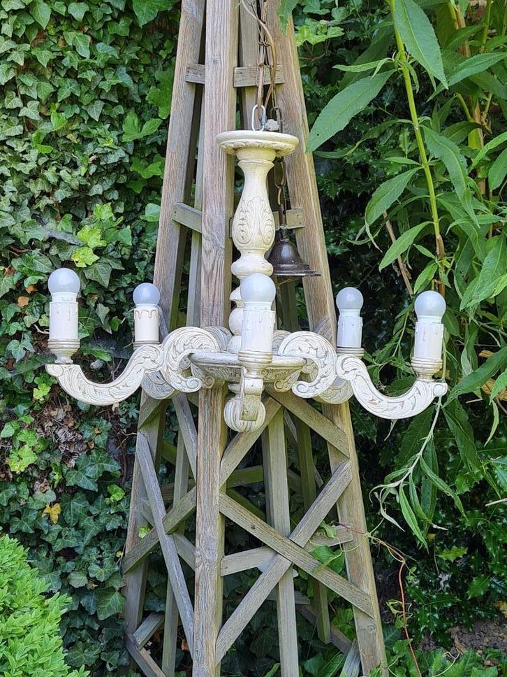 Antiek houten luster uit jaren 1930 zacht gepatineerd, Antiek en Kunst, Antiek | Verlichting, Ophalen