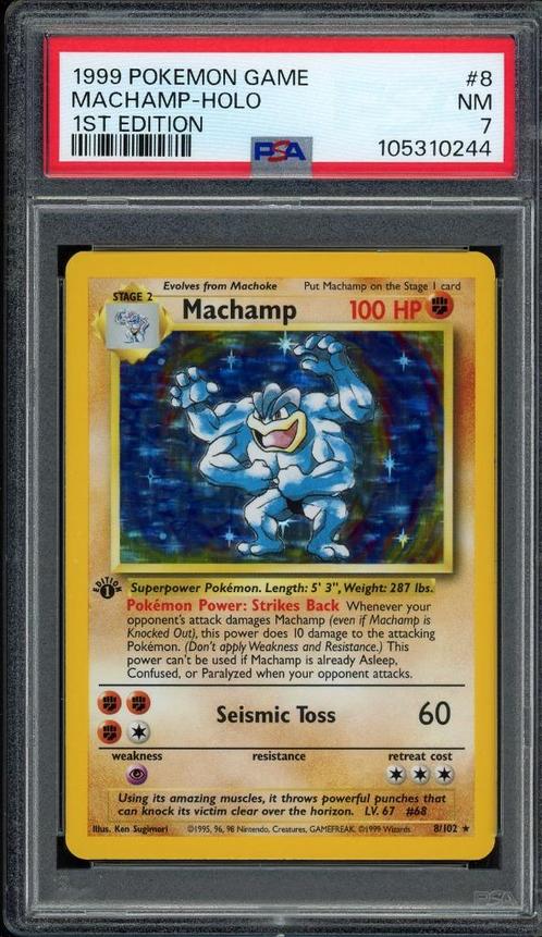 Machamp Holo 1st Edition PSA 7 - 8/102 - Base Set 1999, Hobby en Vrije tijd, Verzamelkaartspellen | Pokémon, Zo goed als nieuw