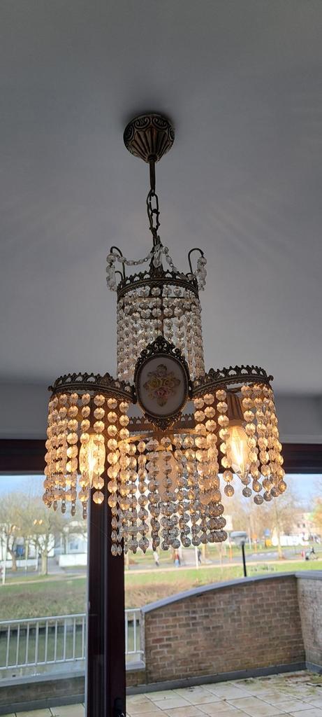 Vintage kristallen luster, Huis en Inrichting, Lampen | Kroonluchters, Gebruikt, Glas, Metaal, Ophalen