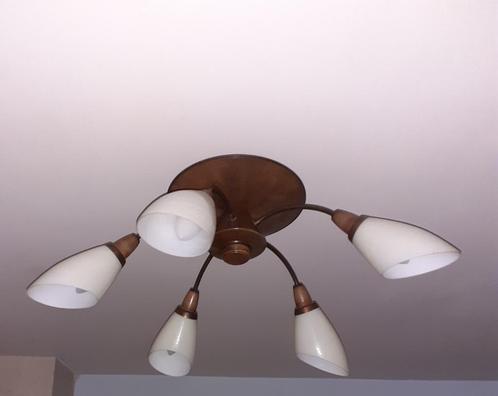 vintage plafond lamp, Huis en Inrichting, Lampen | Hanglampen, Gebruikt, Glas, Hout, Metaal, Ophalen