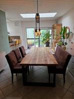 Massieve mangohouten tafel, 3 stoelen en een 3 pers zitbank, Huis en Inrichting, Ophalen, Gebruikt, Vijf personen of meer, Rechthoekig
