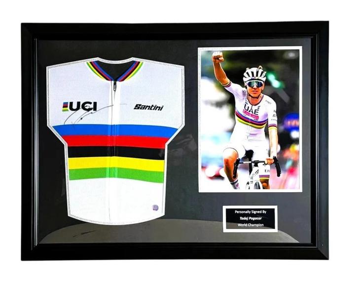 Tadej Pogacar UCI wereldkampioen Gesigneerde Ingelijst Shirt, Sport en Fitness, Wielrennen, Nieuw, Overige typen, Ophalen of Verzenden