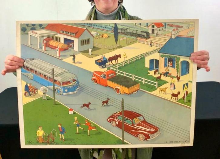 Vintage schoolkaart verkeer, oldtimers auto's, moto's , Esso, Antiek en Kunst, Antiek | Schoolplaten, Overige thema's, Ophalen of Verzenden