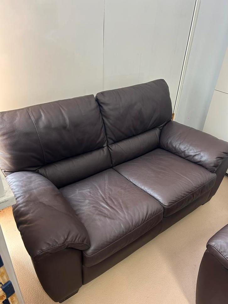 Bruine leren 2-zits zetel – 160 x 85 x 90 cm, Huis en Inrichting, Zetels | Zetels, Gebruikt, Rechte bank, Tweepersoons, 150 tot 200 cm