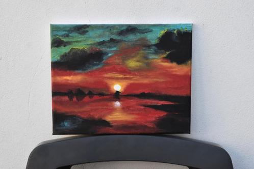 Schilderij met rode zonsondergang, gesigneerd Joky Kamo, Antiek en Kunst, Kunst | Schilderijen | Modern, Ophalen