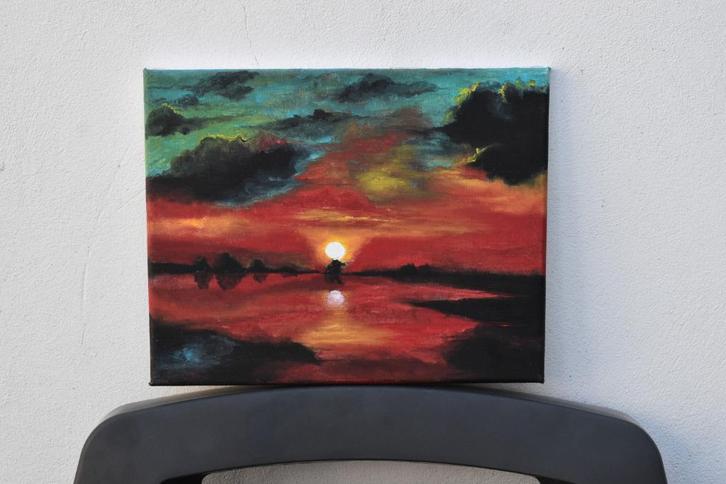 Schilderij met rode zonsondergang, gesigneerd Joky Kamo, Antiek en Kunst, Kunst | Schilderijen | Modern, Ophalen