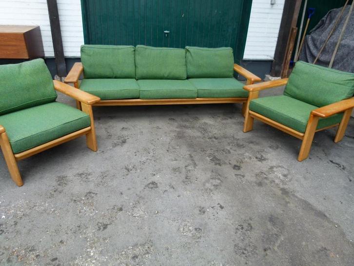 mid-century  zitgroep fauteuils sofa salontafel, Huis en Inrichting, Fauteuils, Gebruikt, Hout, Stof, 125 cm of meer, 75 tot 100 cm